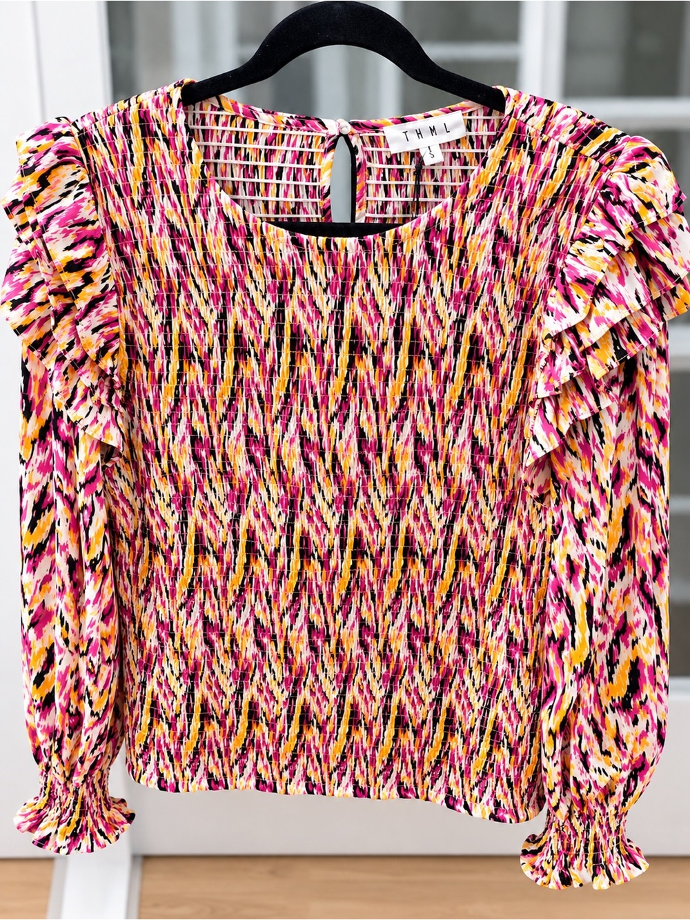 THML Pink Yellow Black White Ruffled Long-Sleeve Blouse